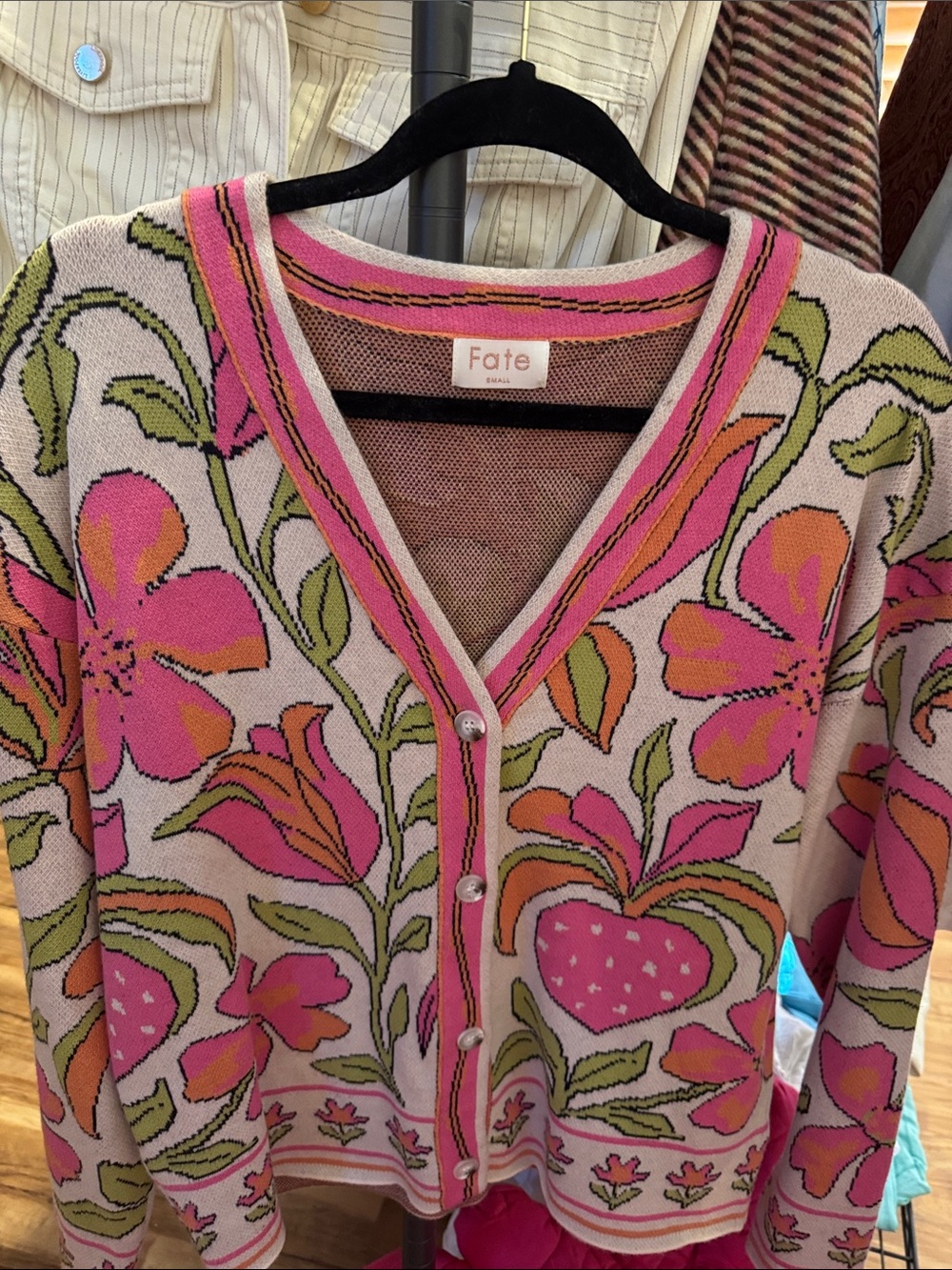 Fate Pink Cream Floral V-Neck Cardigan with Green Accents